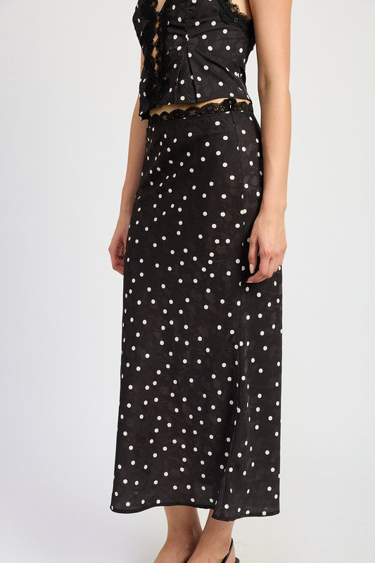 Satin Polka Dot Midid Skirt with Lace Trim
