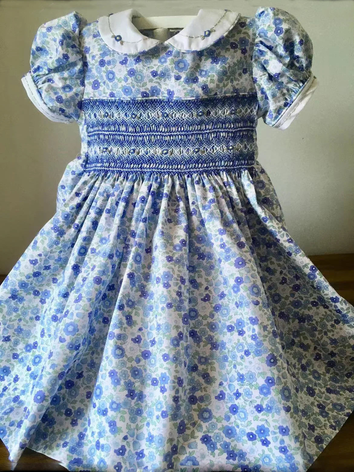 Baby Girl Blue Flower Handmade Embroidery Smocked Dress