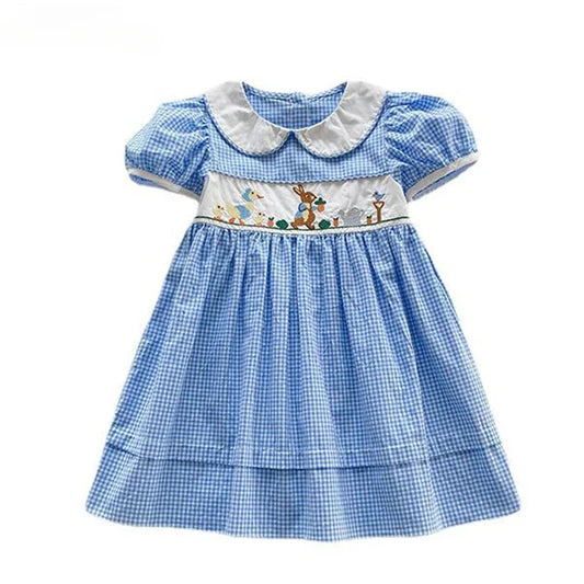 Embroidery Blue & White Plaid Cotton Dresses Vintage Summer Clothes