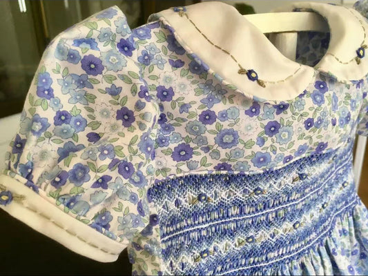 Baby Girl Blue Flower Handmade Embroidery Smocked Dress