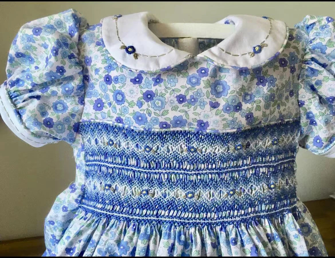 Baby Girl Blue Flower Handmade Embroidery Smocked Dress