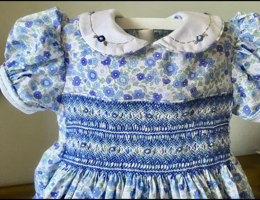 Baby Girl Blue Flower Handmade Embroidery Smocked Dress