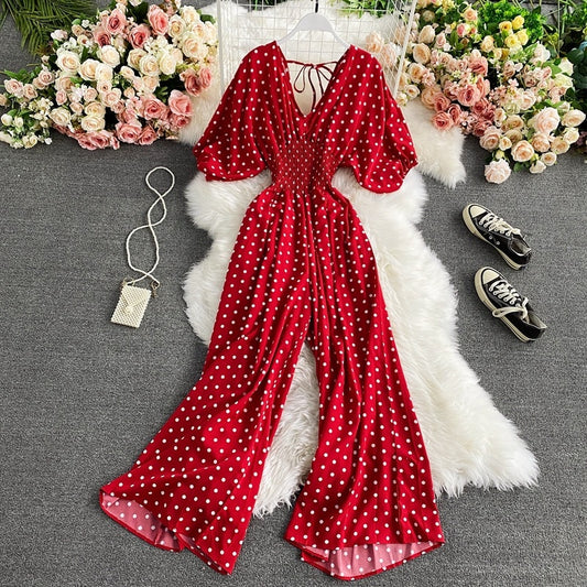 V Neck Sexy Dolman Sleeves Waist Slim Polka Dot Print Jumpsuit Women