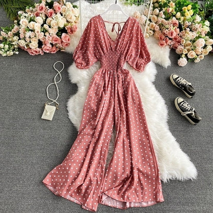 Mono sexy con escote en V y mangas dolman para mujer, ajustado a la cintura con estampado de lunares