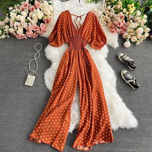 V Neck Sexy Dolman Sleeves Waist Slim Polka Dot Print Jumpsuit Women