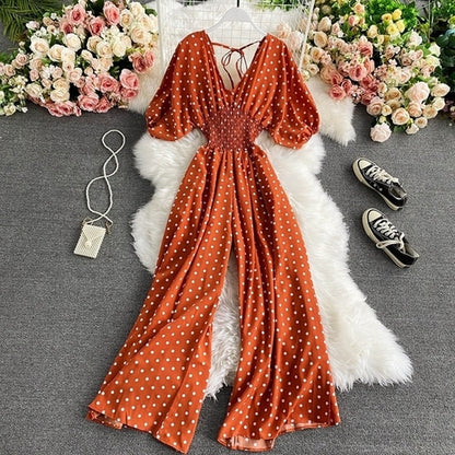 Mono sexy con escote en V y mangas dolman para mujer, ajustado a la cintura con estampado de lunares
