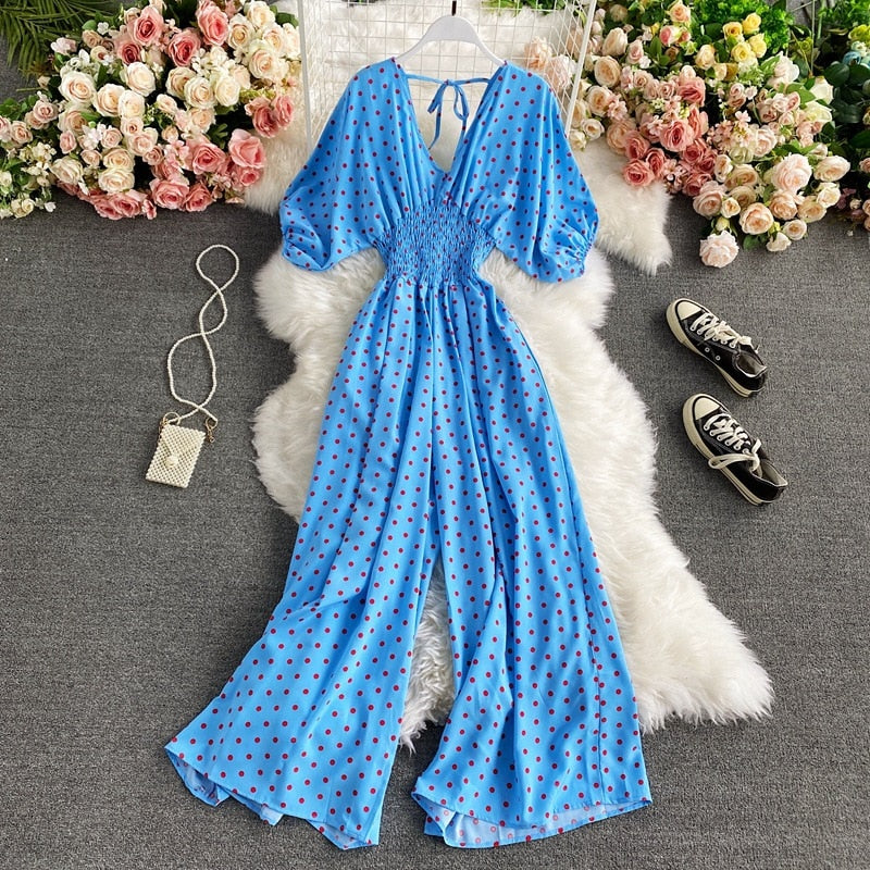 V Neck Sexy Dolman Sleeves Waist Slim Polka Dot Print Jumpsuit Women