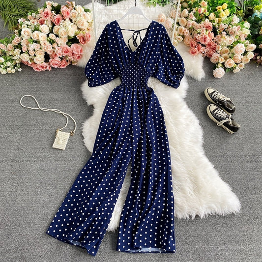 V Neck Sexy Dolman Sleeves Waist Slim Polka Dot Print Jumpsuit Women