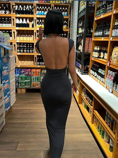 Vestido largo liso sin espalda para mujer 