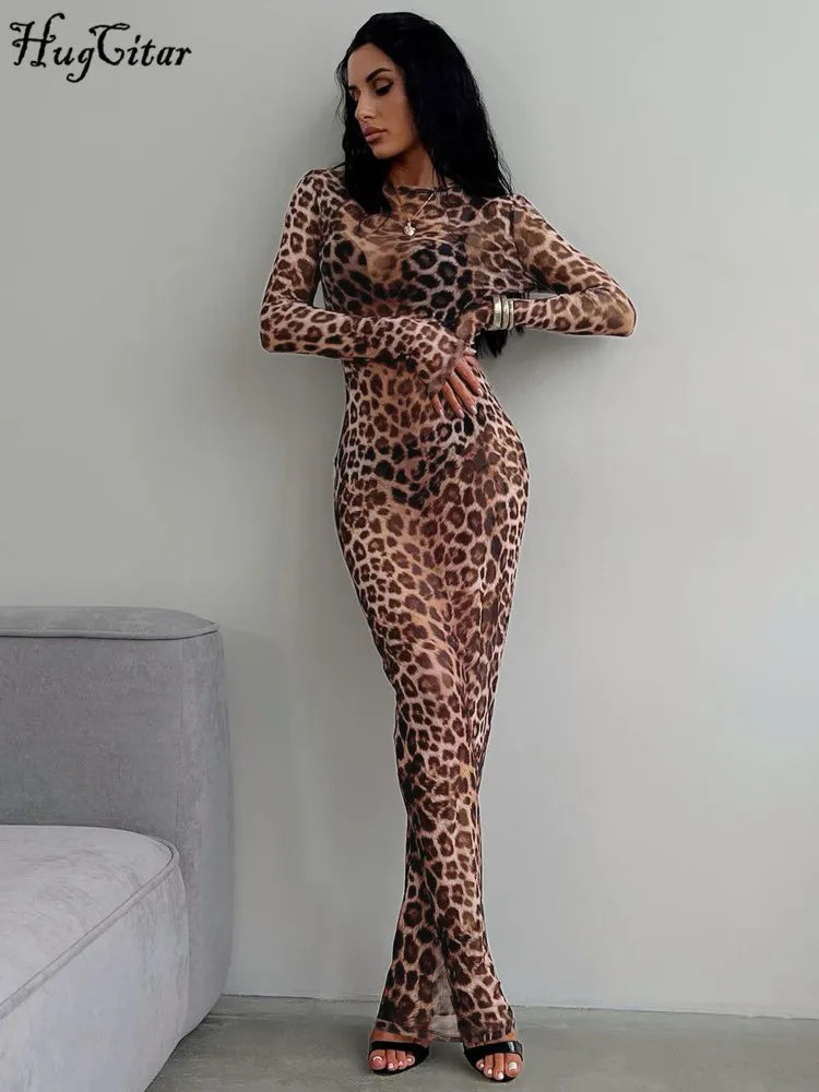 Leopard Print Mesh Long Sleeve Sexy Slim  Skin