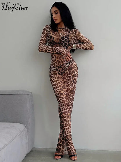 Traje de baño ajustado sexy de manga larga con estampado de leopardo