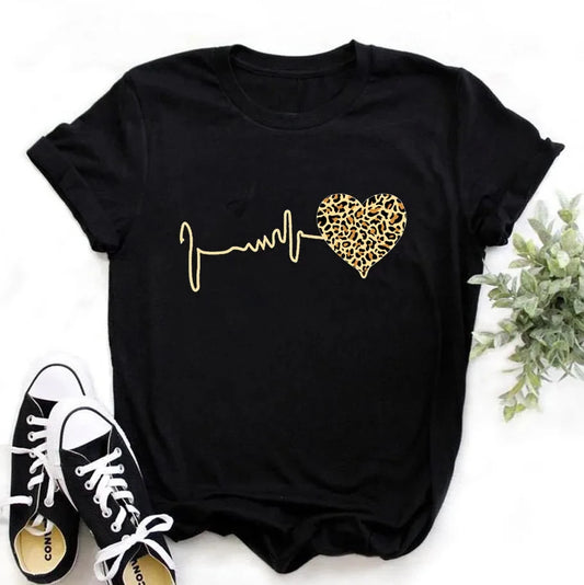 Summer New 90 's Leopard Heartbeat Short Sleeve shirt