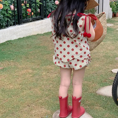 Conjunto de ropa de verano para niña, top y pantalones cortos con lunares, pantalones bombachos PP