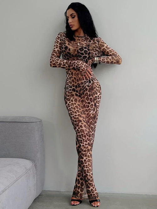Leopard Print Mesh Long Sleeve Sexy Slim  Skin