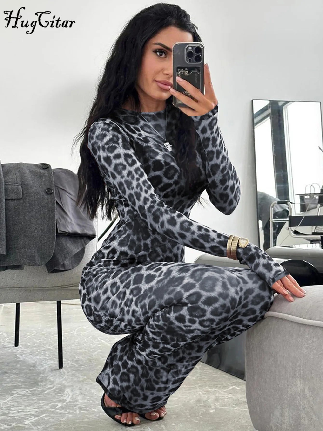 Leopard Print Mesh Long Sleeve Sexy Slim  Skin