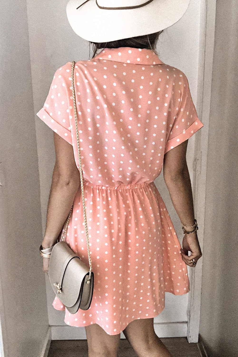 Pink Polka Dot Shirt Collar Short Sleeve Mini Dress