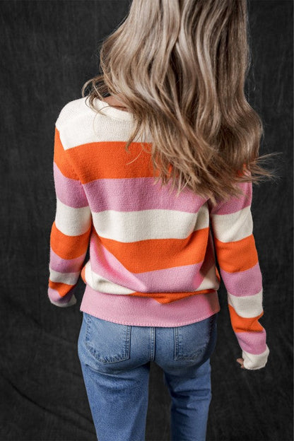 Pink Color Block Stripe Casual Sweater