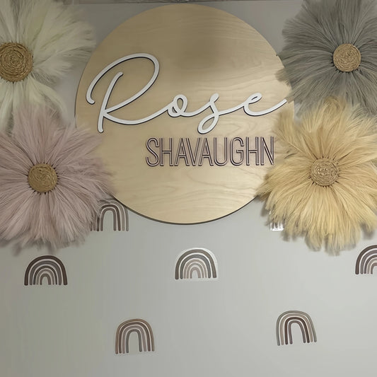 Nursery Name Sign – Personalized Round Plaque, Customized Wood Baby Sign, Baby Shower Gift, Boho and Natural Nursery Wall Decor