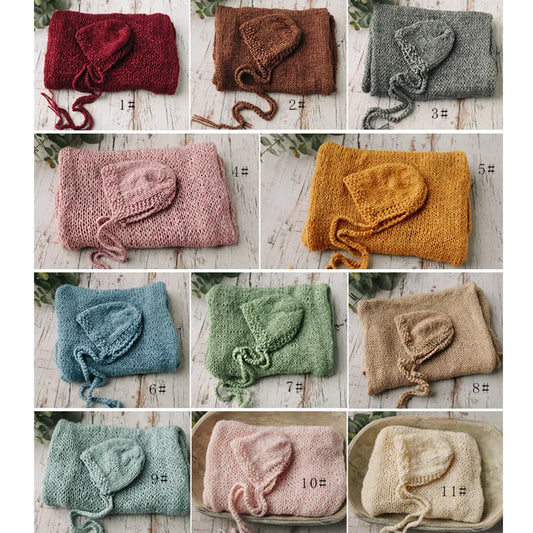 Hand Knitted Wool Hat Wrap Set Newborn Photography Props