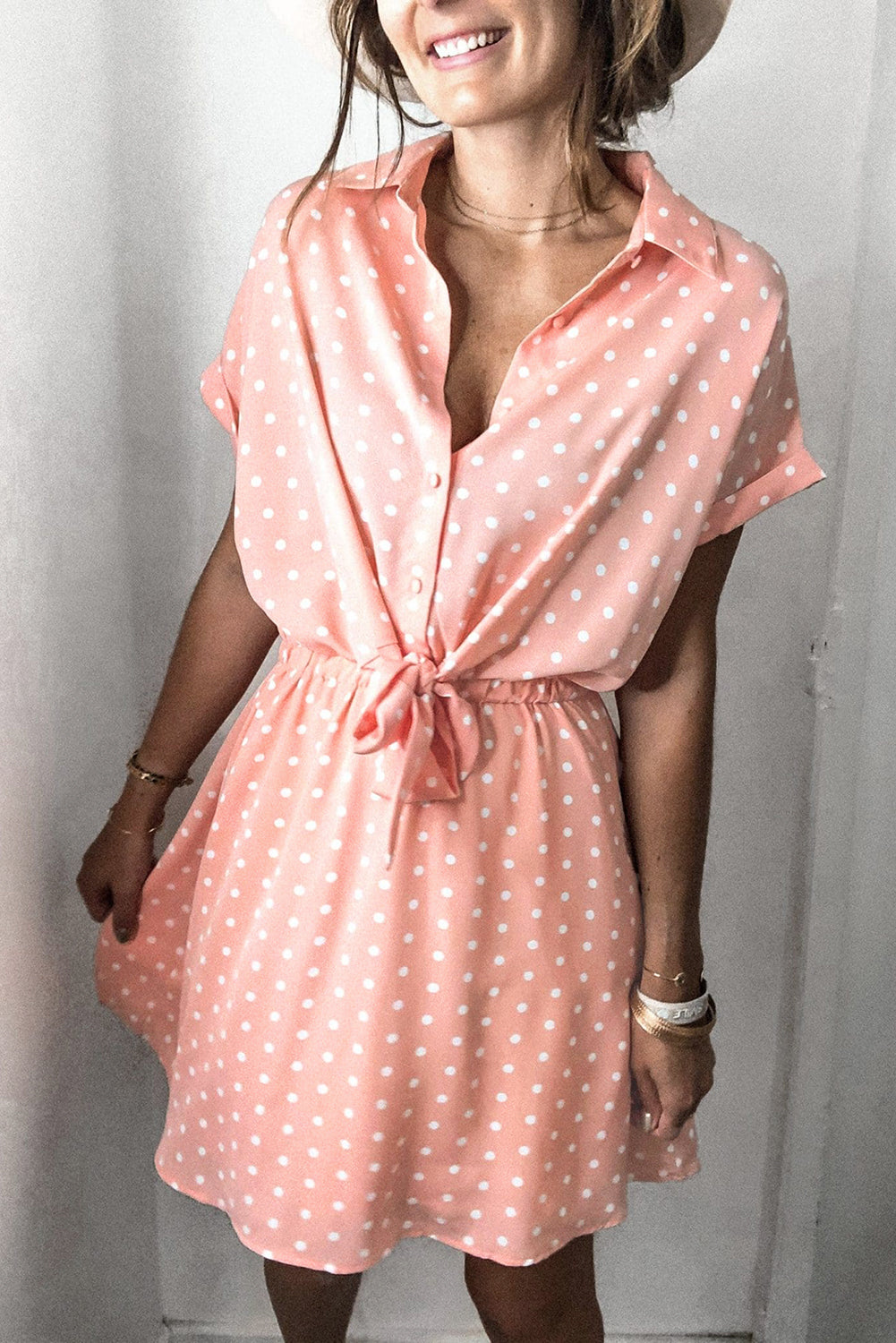 Pink Polka Dot Shirt Collar Short Sleeve Mini Dress