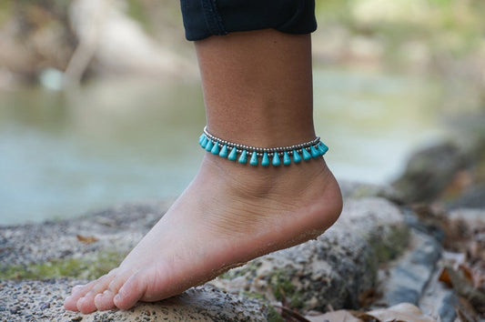Turquoise Teardrop Bead Boho Silver Anklet - Buy Mom the Perfect Gift