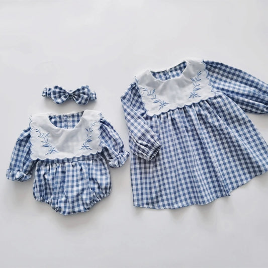 Girls Cotton Long Sleeve Embroidered Lattice Princess Dress