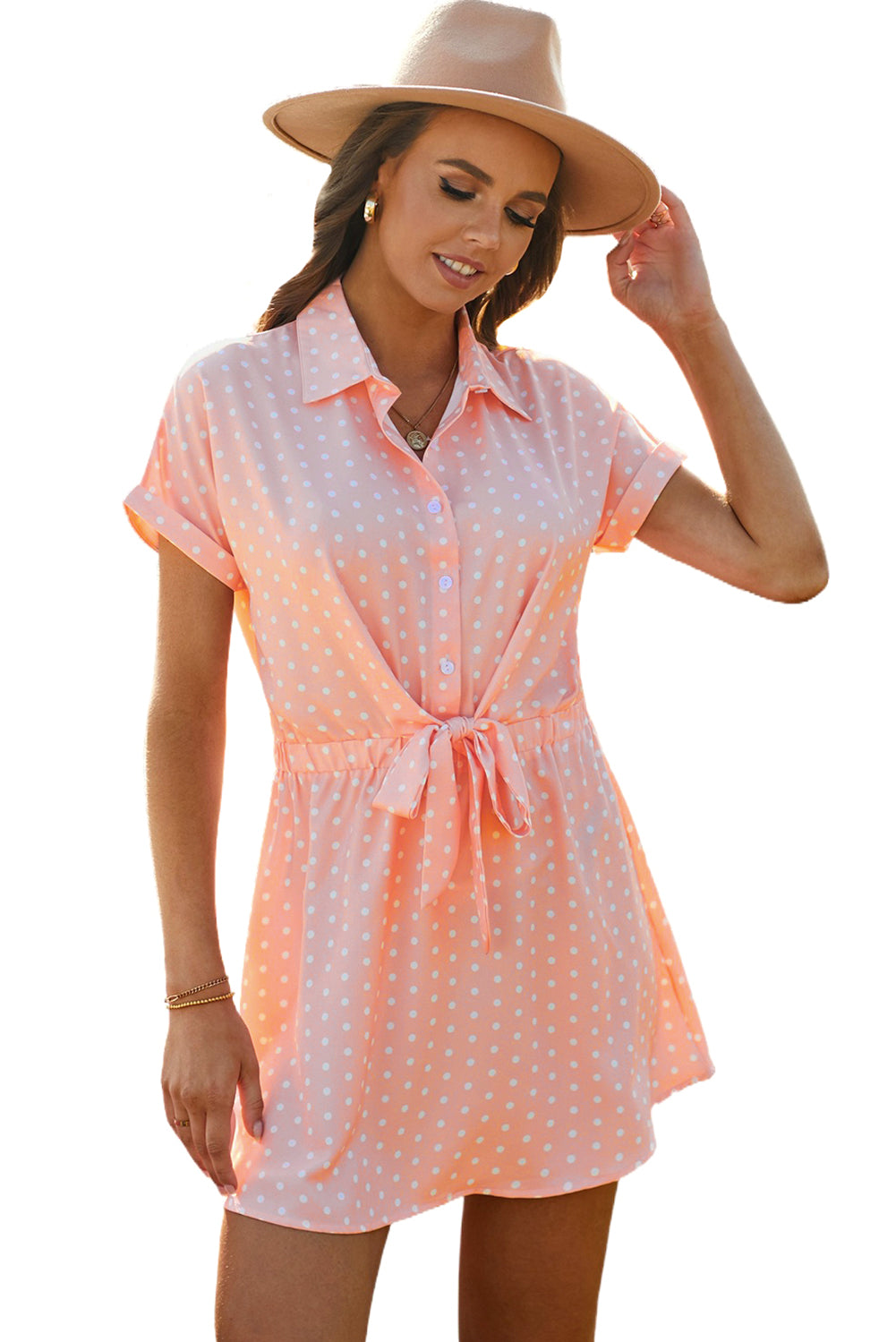 Pink Polka Dot Shirt Collar Short Sleeve Mini Dress