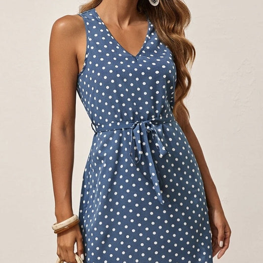 polka dot blue dress vneck