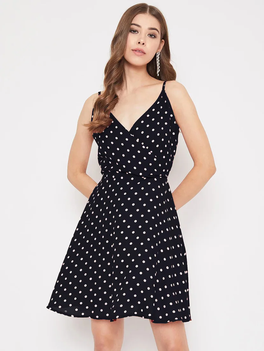 Women V Neck Polka Dots Printed A-Line Dress (Size-S) (Color-BLACK)