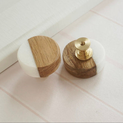 White Stone and Wood Cabinet Knobs, Modern Knobs and Pulls Handmade in
