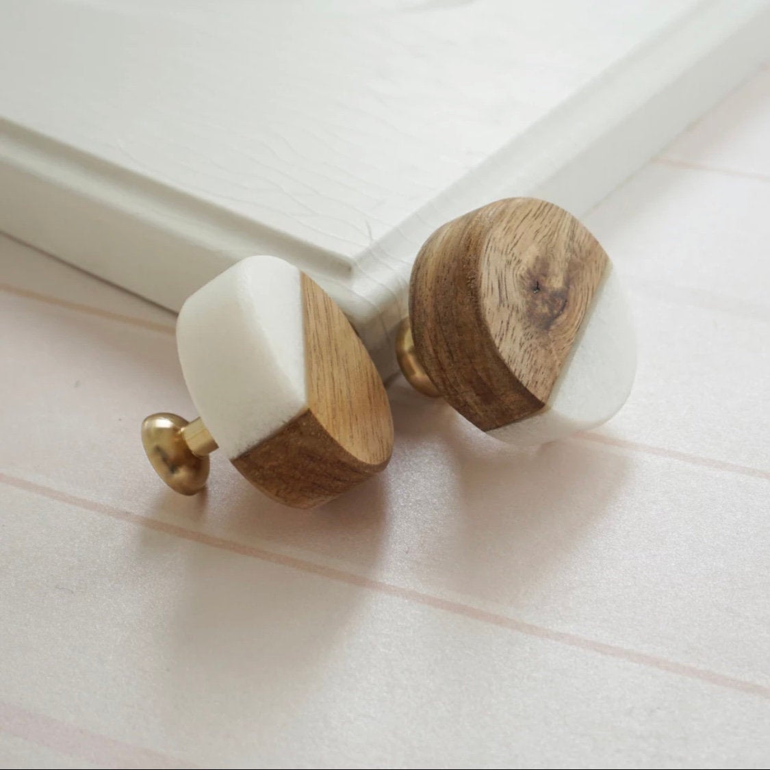 White Stone and Wood Cabinet Knobs, Modern Knobs and Pulls Handmade in