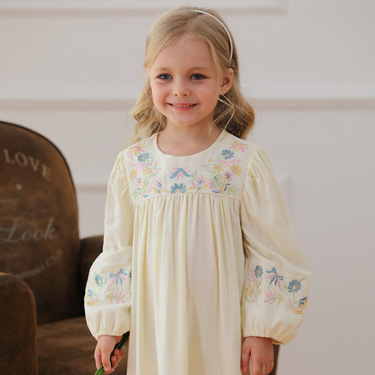 Spring and Autumn Vintage Flowers Embroidered Long-sleeved Dress